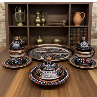 Copper Coffee Set for 2 Persons with Tray, Turkish Delight Holder and Cups