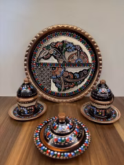 Copper Coffee Set for 2 Persons with Tray, Turkish Delight Holder and Cups