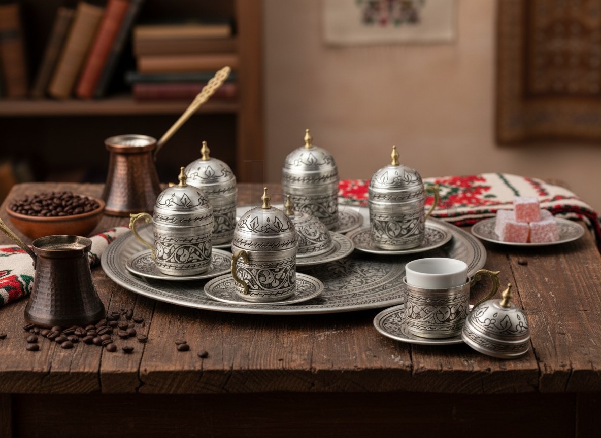 Copper Coffee Set for 6 Persons with Tray, Cups and Turkish Delight Holder